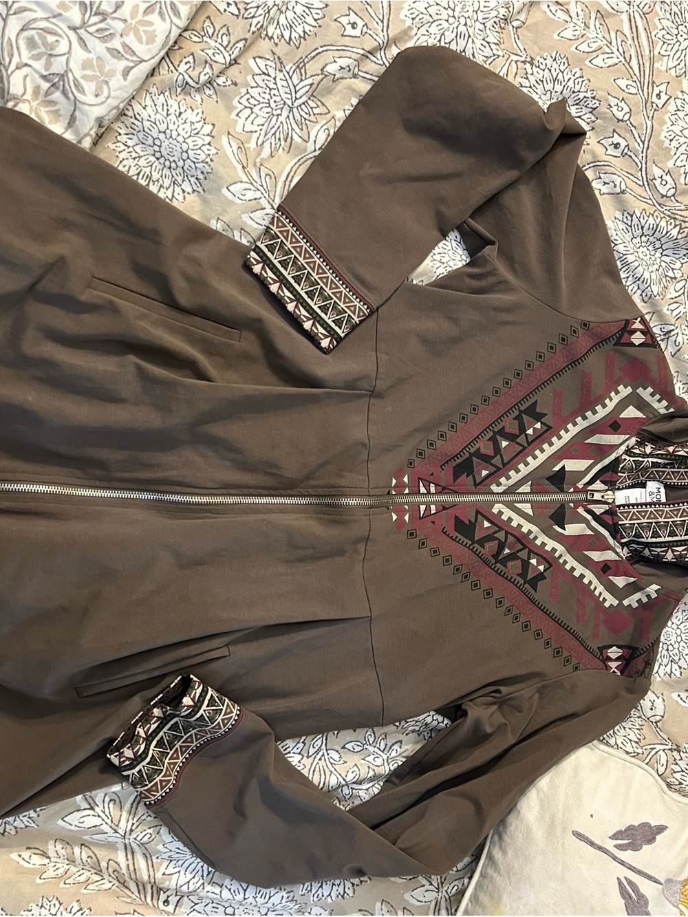 Monroe & Main Brown Midi zip up jacket with Burgundy & Cream design